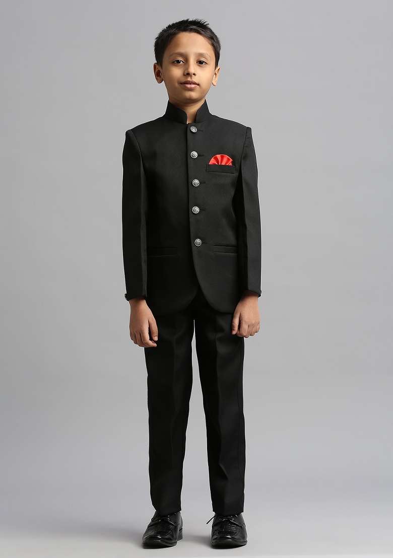 Black Solid Poly Cotton Kurta Set For Boy - Indya