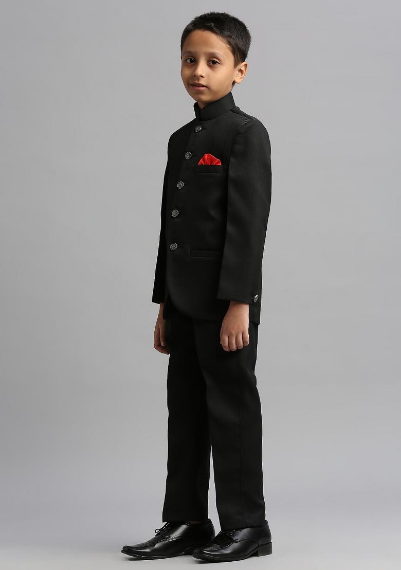 Black Solid Poly Cotton Kurta Set For Boy