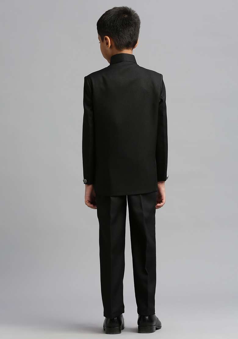 Black Solid Poly Cotton Kurta Set For Boy - Indya