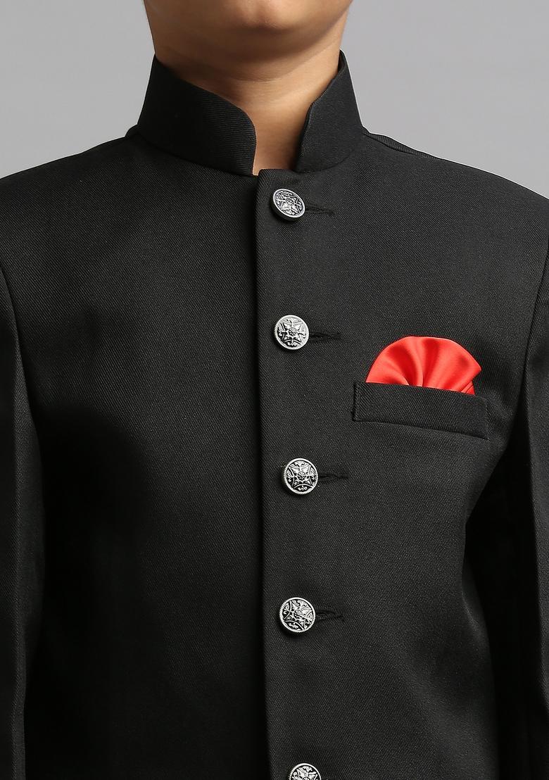 Black Solid Poly Cotton Kurta Set For Boy