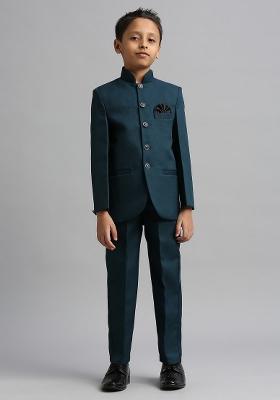 Teal Blue Solid Poly Cotton Kurta Set For Boy