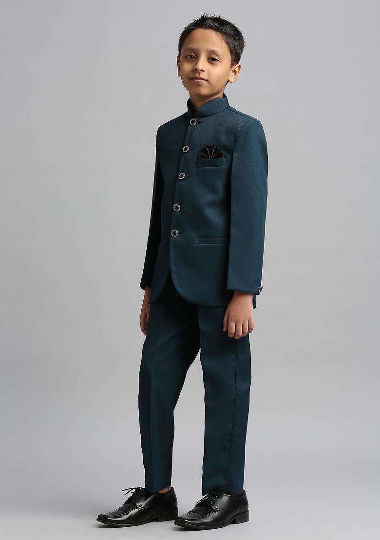 Teal Blue Solid Poly Cotton Kurta Set For Boy