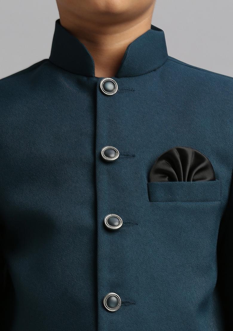 Teal Blue Solid Poly Cotton Kurta Set For Boy