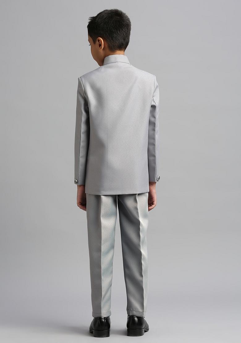 Grey Solid Poly Cotton Kurta Set For Boy