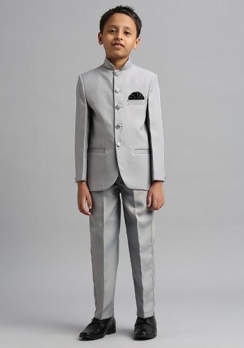 Grey Solid Poly Cotton Kurta Set For Boy