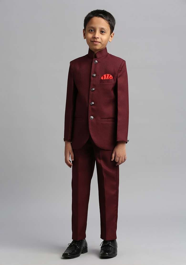 Maroon Solid Poly Cotton Kurta Set For Boy - Indya