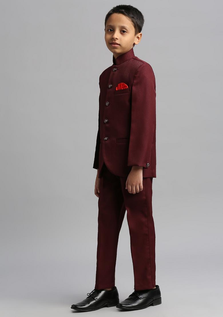 Maroon Solid Poly Cotton Kurta Set For Boy