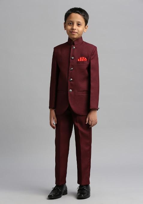 Maroon Solid Poly Cotton Kurta Set For Boy