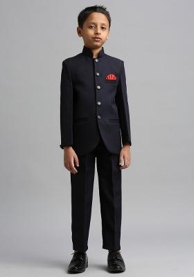 Navy Blue Solid Poly Cotton Kurta Set For Boy