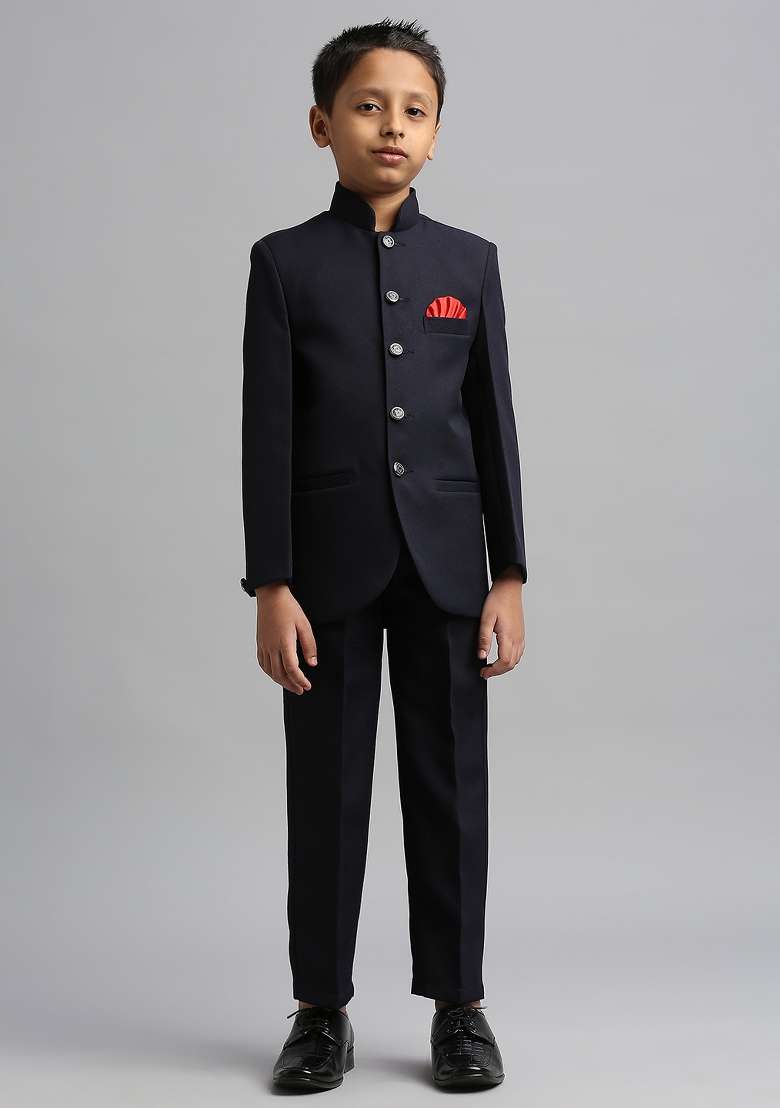 Navy Blue Solid Poly Cotton Kurta Set For Boy - Indya