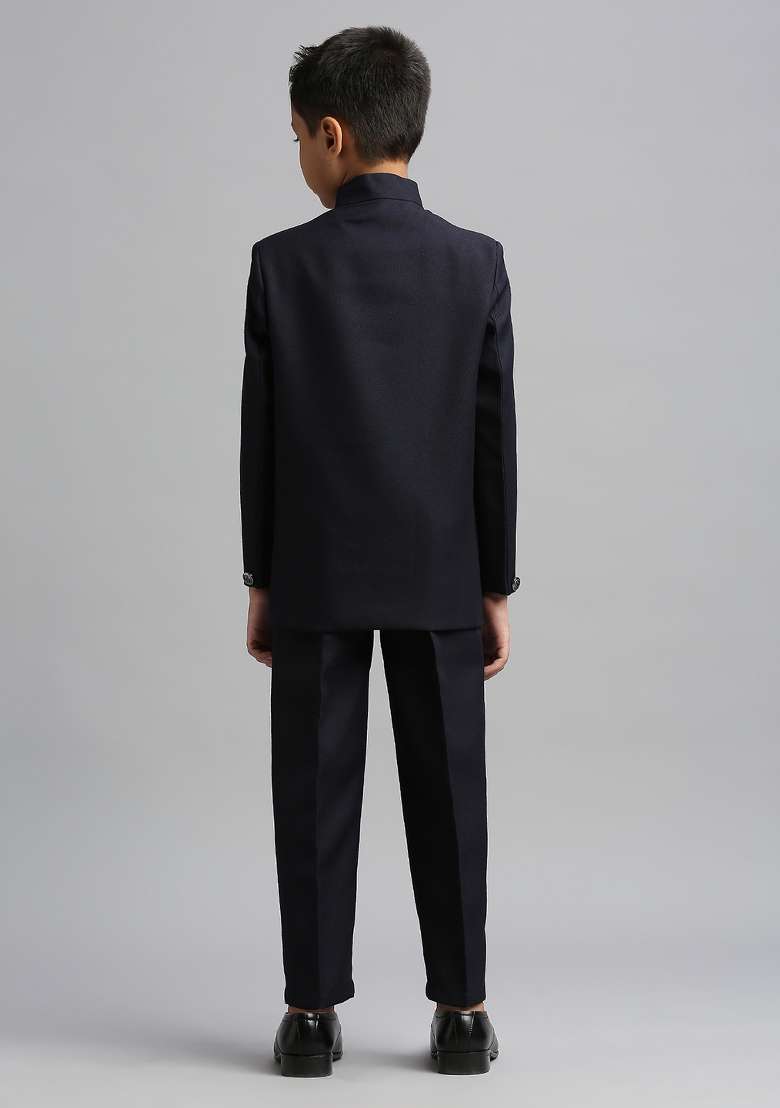 Navy Blue Solid Poly Cotton Kurta Set For Boy - Indya
