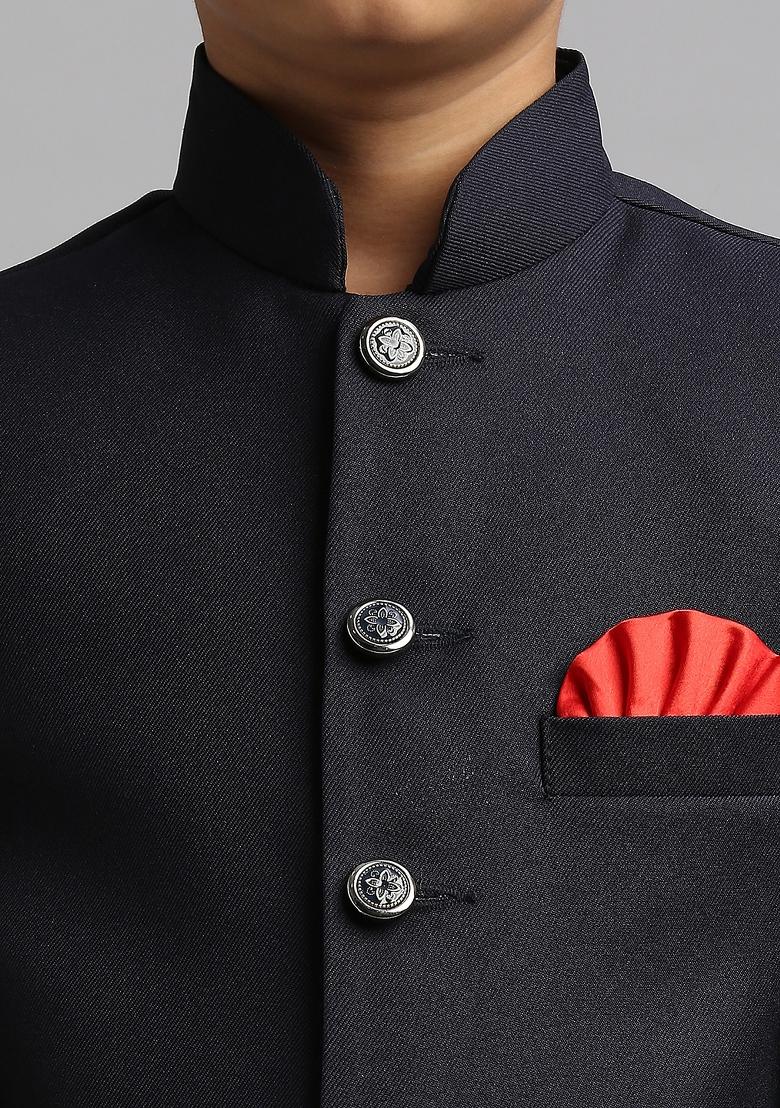 Navy Blue Solid Poly Cotton Kurta Set For Boy