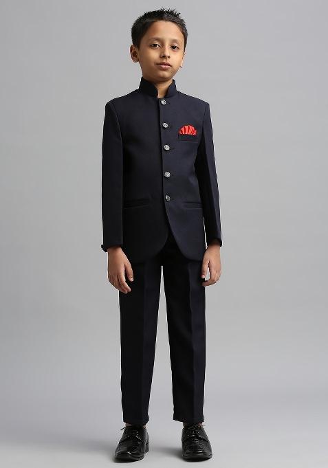 Navy Blue Solid Poly Cotton Kurta Set For Boy