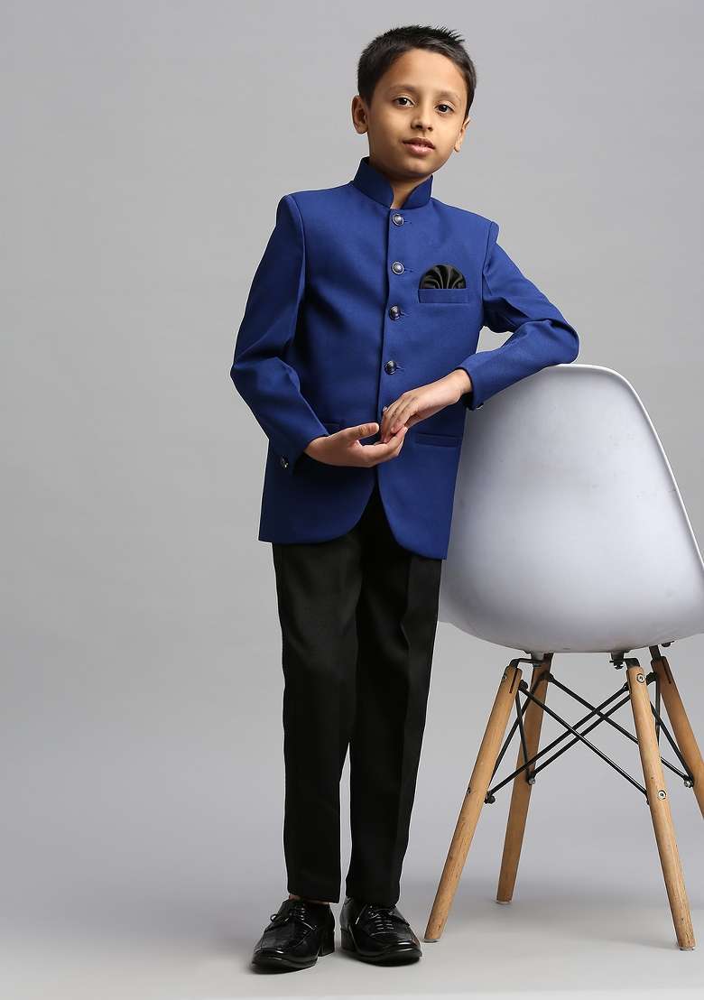 Royal Blue Solid Poly Cotton Kurta Set For Boy - Indya