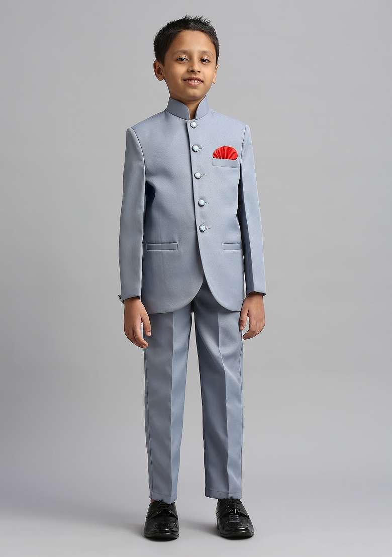 Sky Blue Solid Poly Cotton Kurta Set For Boy - Indya