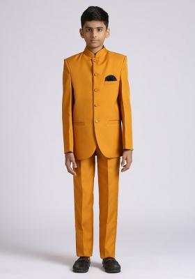 Ocher Yellow Solid Poly Cotton Kurta Set For Boy