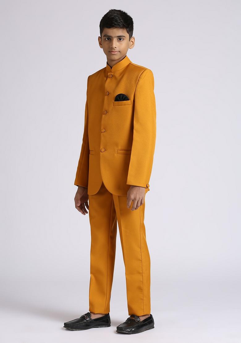 Ocher Yellow Solid Poly Cotton Kurta Set For Boy
