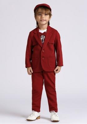 Red Printed Lycra Nehru Jacket Set For Boy