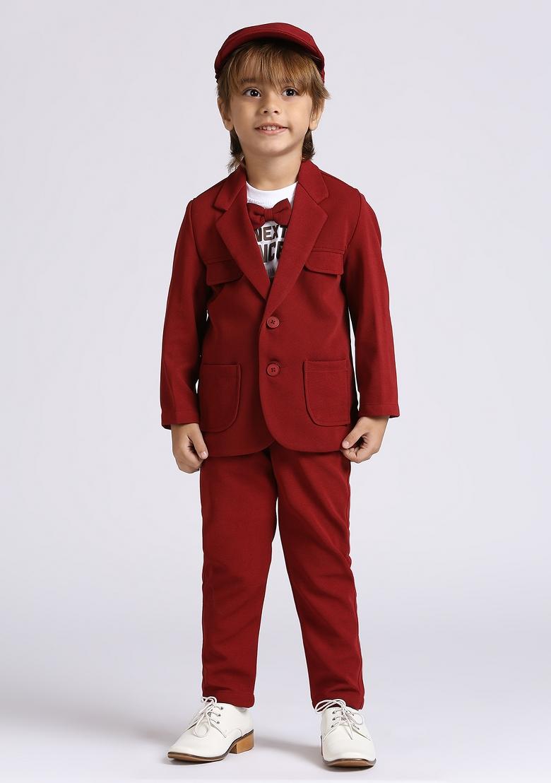 Red Printed Lycra Nehru Jacket Set For Boy