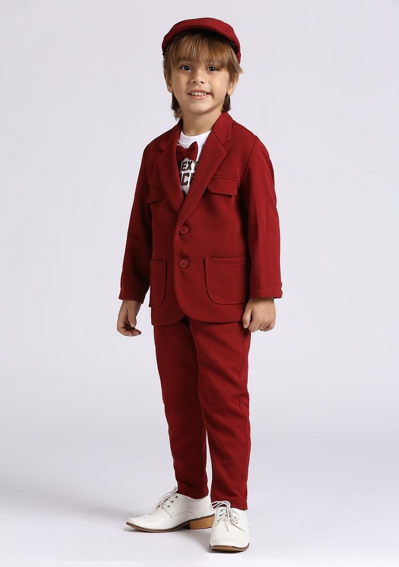 Red Printed Lycra Nehru Jacket Set For Boy