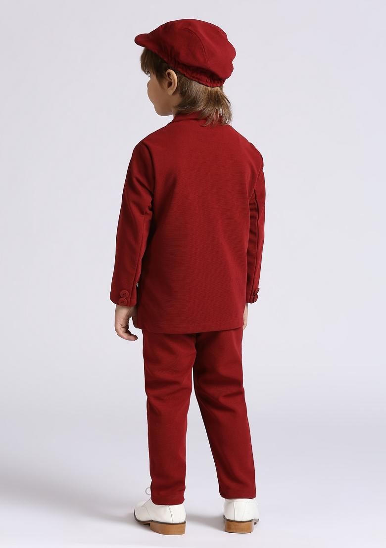 Red Printed Lycra Nehru Jacket Set For Boy