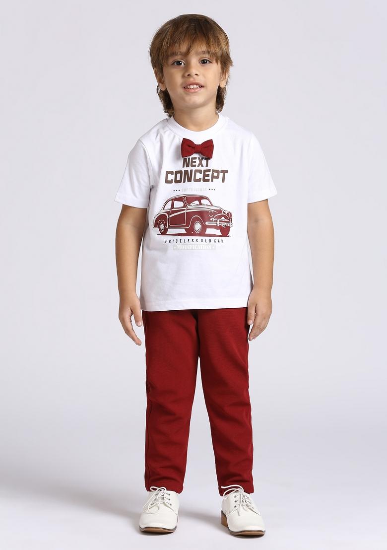 Red Printed Lycra Nehru Jacket Set For Boy