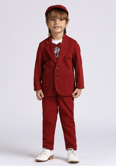 Red Printed Lycra Nehru Jacket Set For Boy