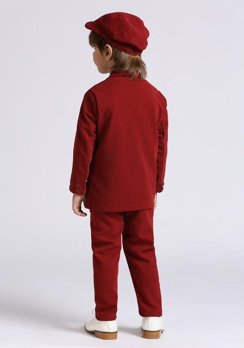 Red Printed Lycra Nehru Jacket Set For Boy