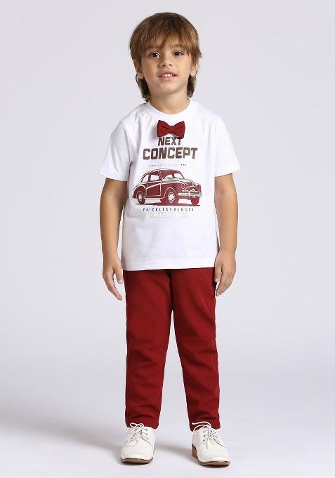 Red Printed Lycra Nehru Jacket Set For Boy
