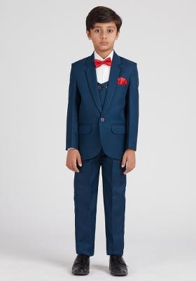 Teal Blue Solid Poly Cotton Suit Set For Boy
