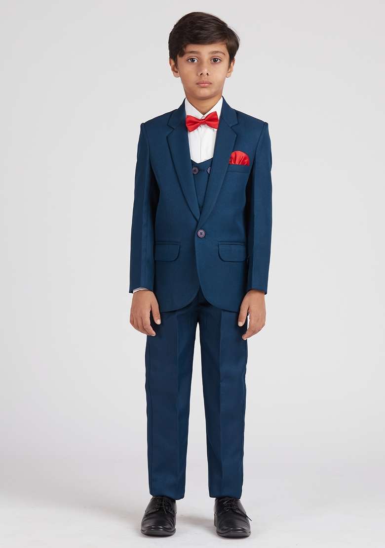 Teal Blue Solid Poly Cotton Suit Set For Boy - Indya