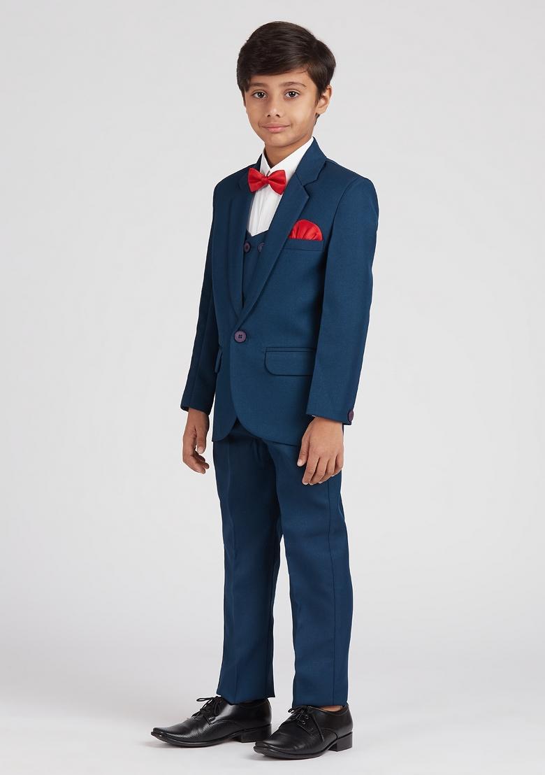 Teal Blue Solid Poly Cotton Suit Set For Boy