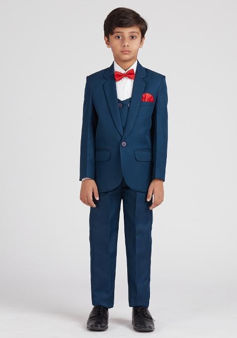 Teal Blue Solid Poly Cotton Suit Set For Boy