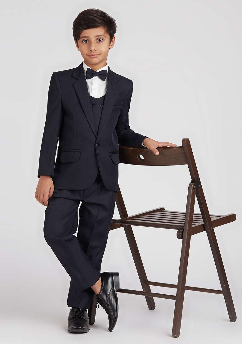 Navy Blue Solid Poly Cotton Suit Set For Boy - Indya