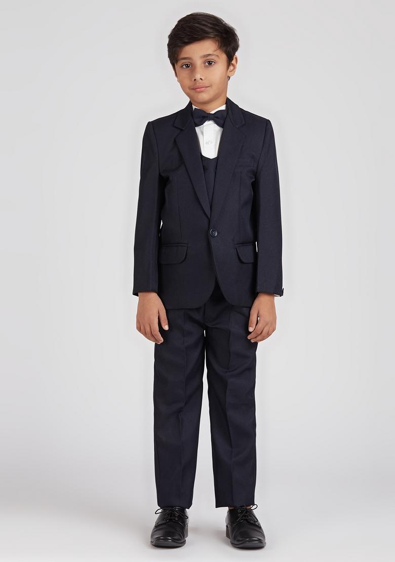 Navy Blue Solid Poly Cotton Suit Set For Boy