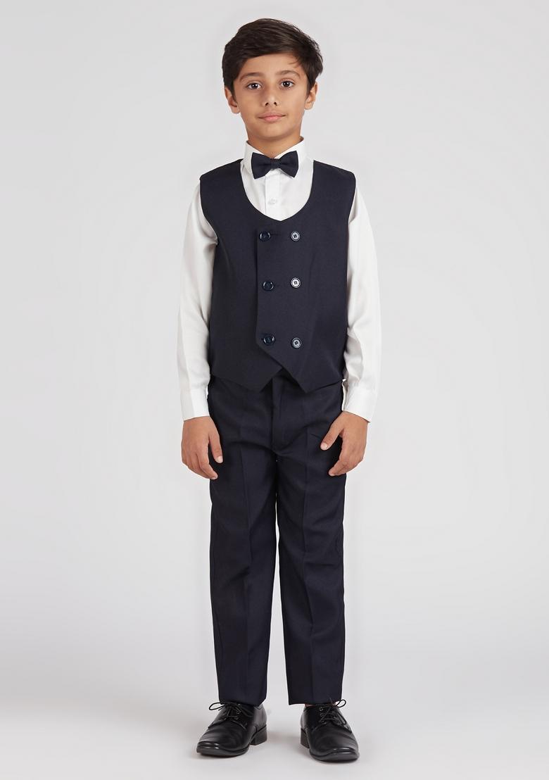 Navy Blue Solid Poly Cotton Suit Set For Boy