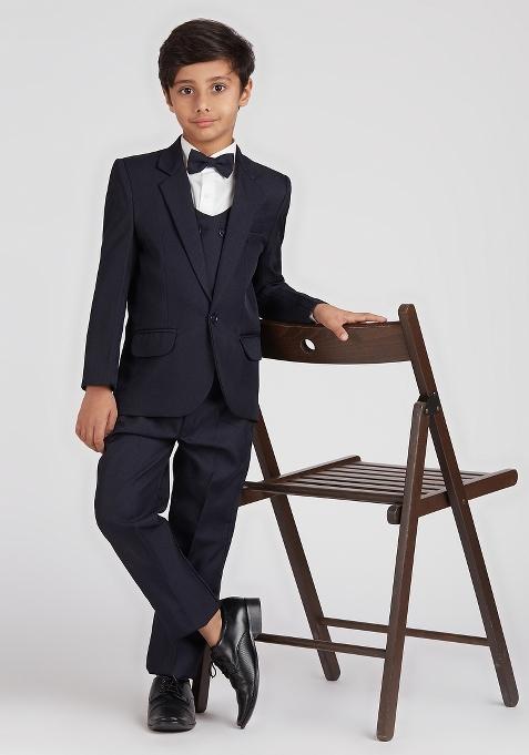 Navy Blue Solid Poly Cotton Suit Set For Boy