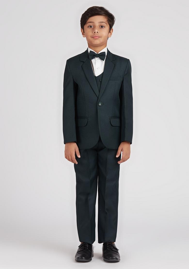 Bottle Green Solid Poly Cotton Suit Set For Boy