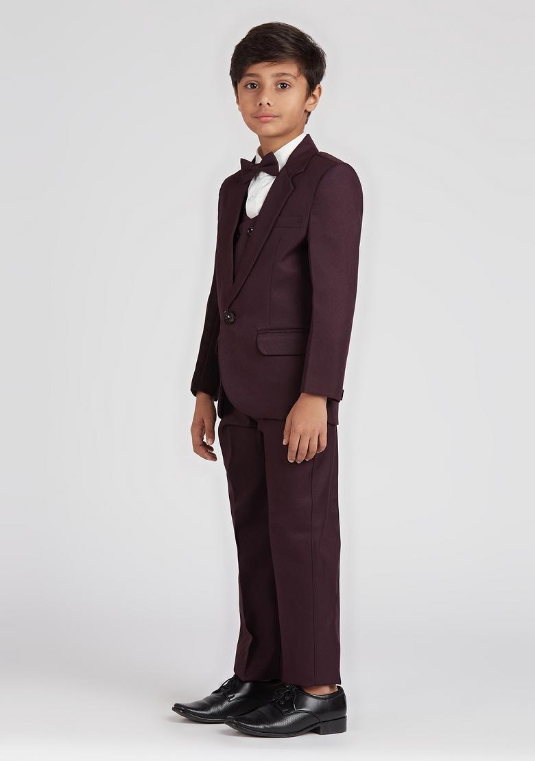 Wine Solid Poly Cotton Suit Set For Boy