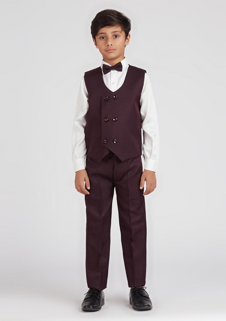 Wine Solid Poly Cotton Suit Set For Boy