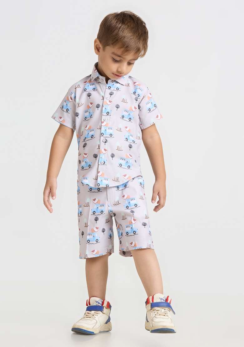 Beige Printed Lycra Kurta Set For Boy - Indya