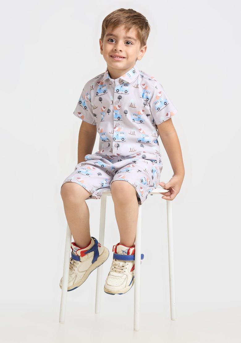 Beige Printed Lycra Kurta Set For Boy