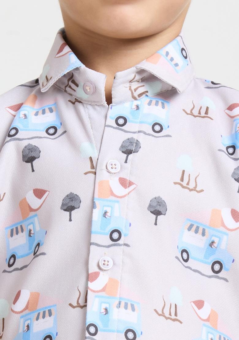 Beige Printed Lycra Kurta Set For Boy