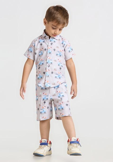 Beige Printed Lycra Kurta Set For Boy