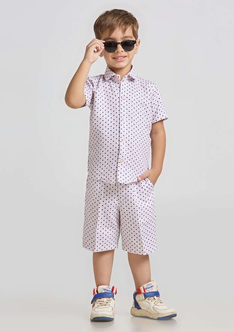 White Printed Lycra Kurta Set For Boy - Indya