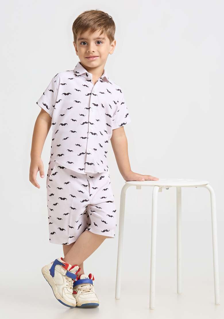 White Printed Lycra Kurta Set For Boy - Indya