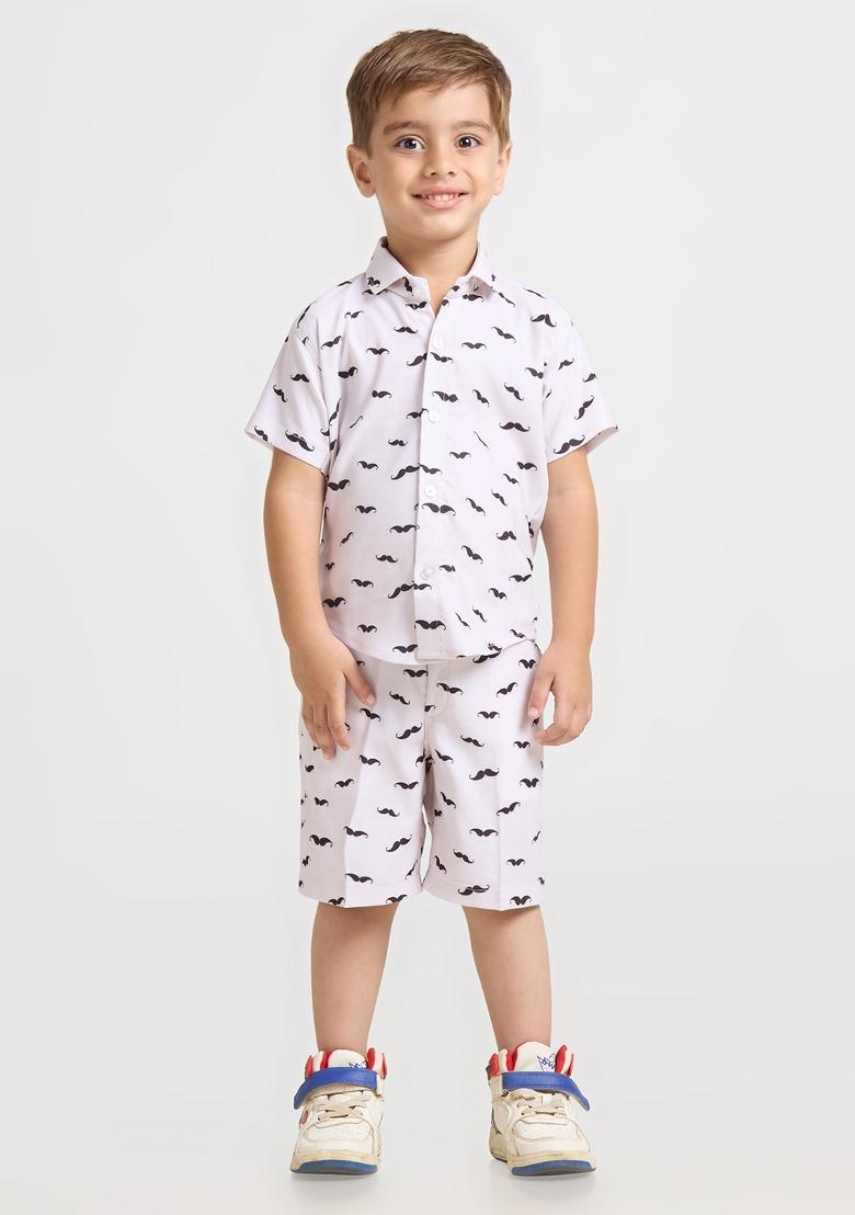 White Printed Lycra Kurta Set For Boy