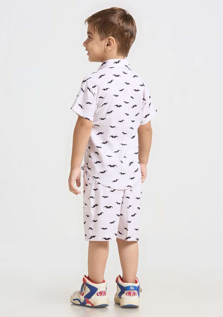 White Printed Lycra Kurta Set For Boy - Indya