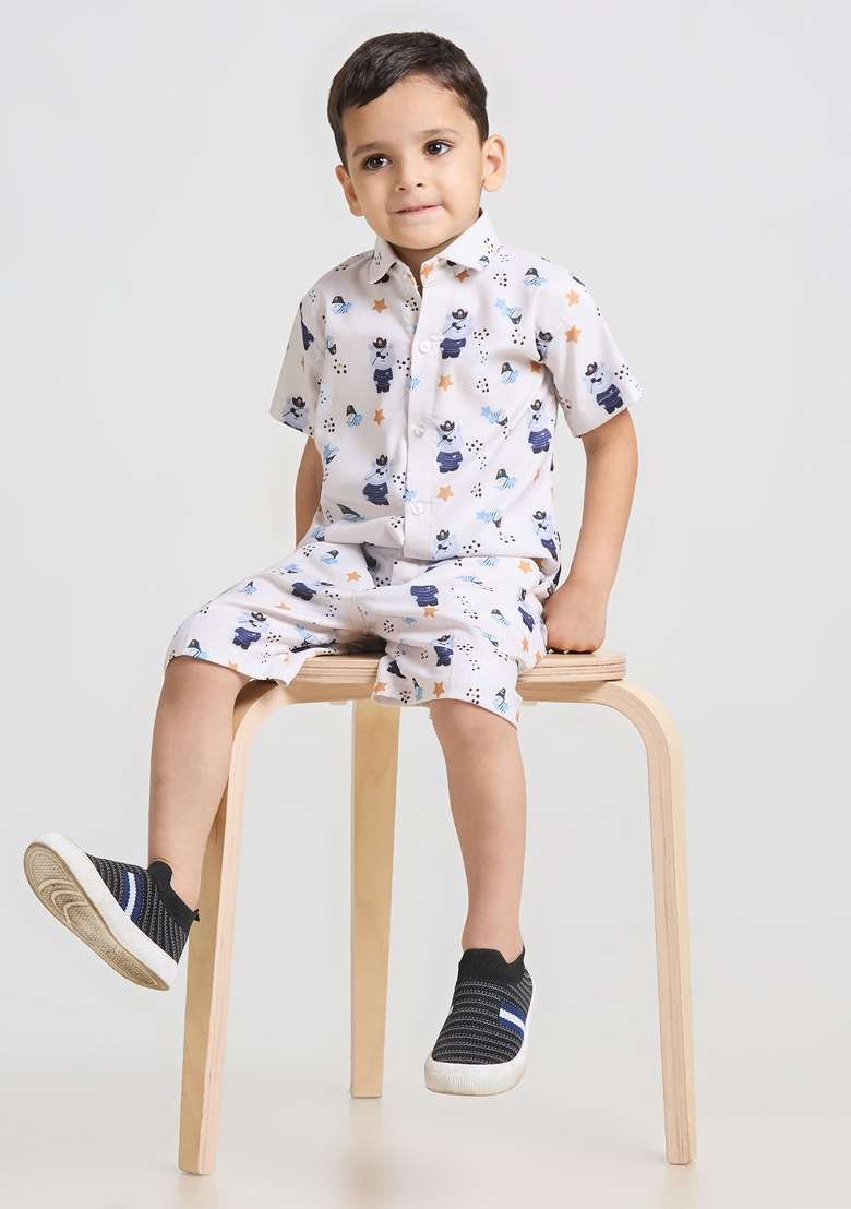 Beige Printed Lycra Kurta Set For Boy - Indya