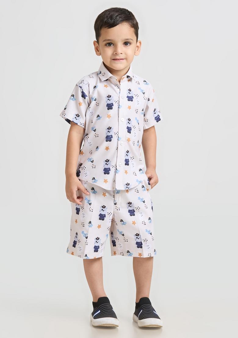 Beige Printed Lycra Kurta Set For Boy